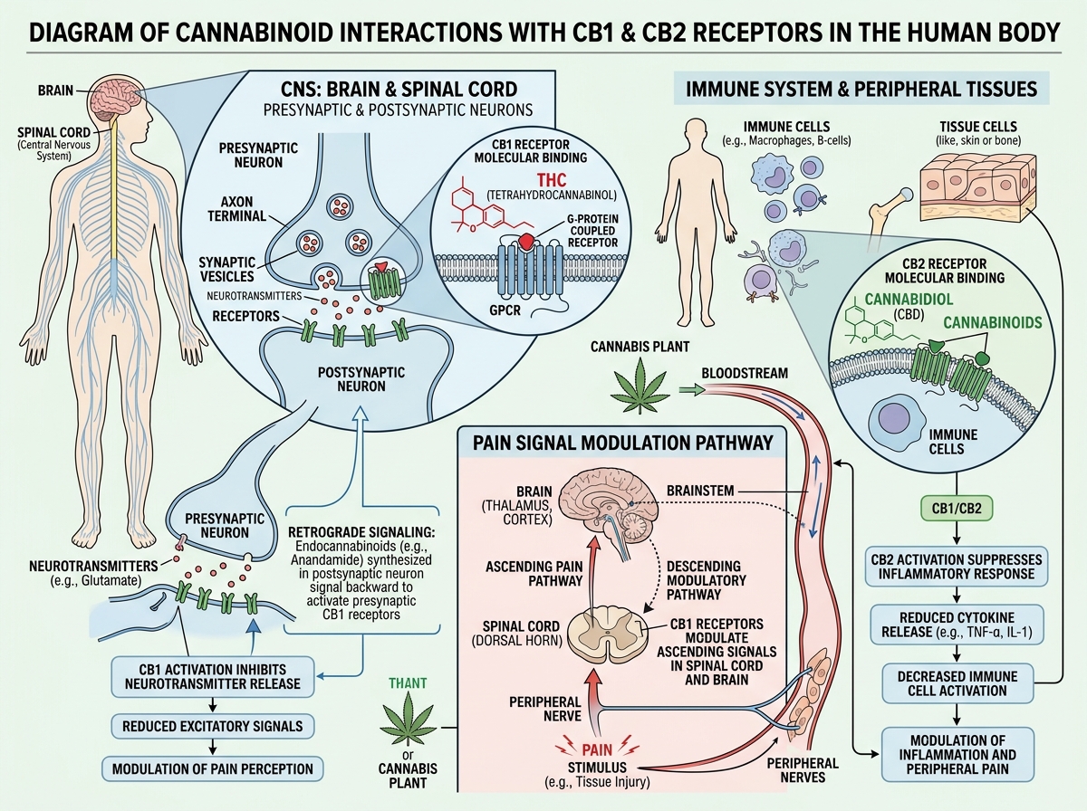 Diagram of cannabinoids interacting with CB1 and CB2 receptors in the human body - THC gummies for pain Diagram of cannabinoids interacting with CB1 and CB2 receptors in the human body - THC gummies for pain