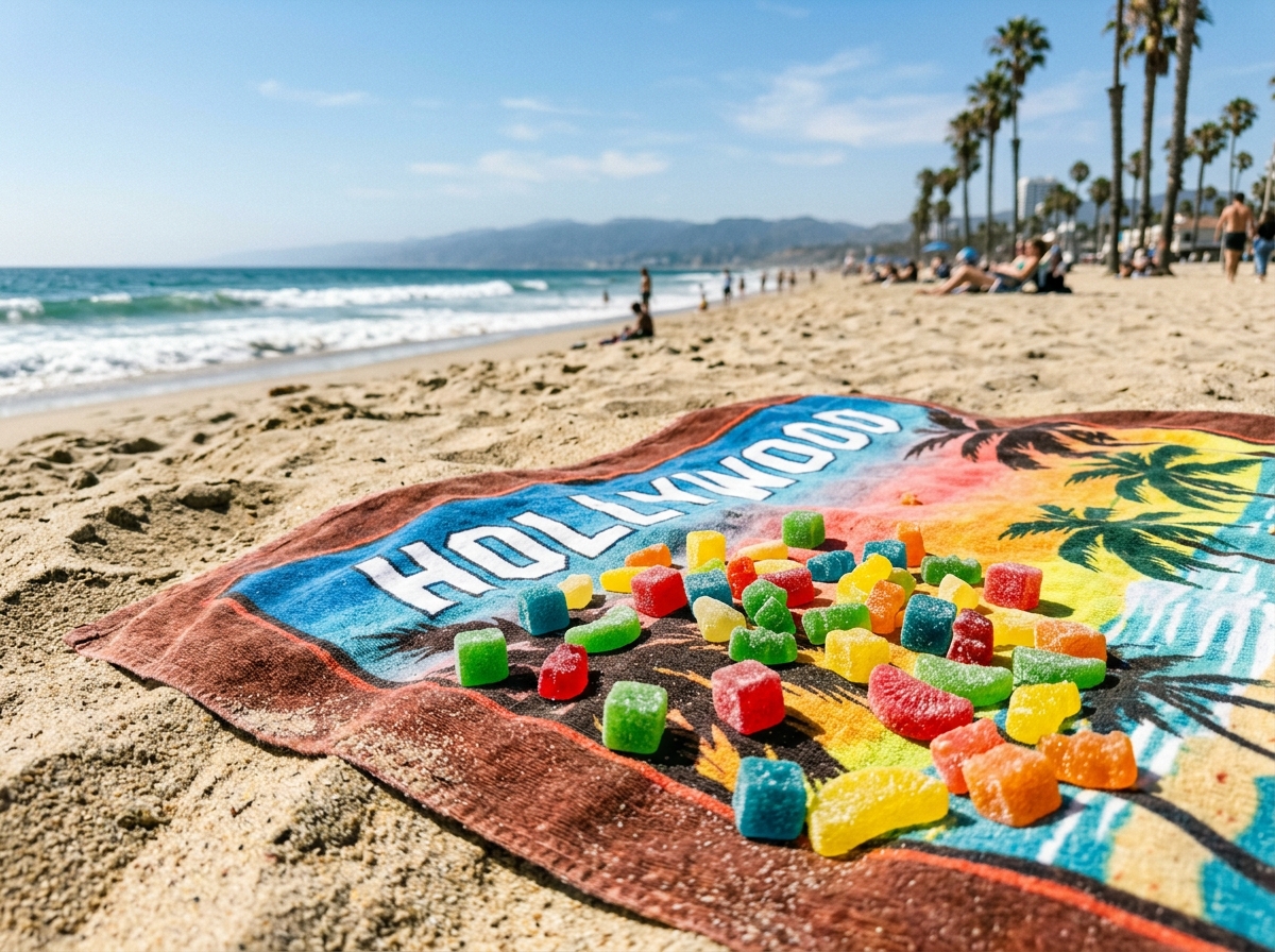 cannabis gummies on a Hollywood beach towel - Edibles for beginners cannabis gummies on a Hollywood beach towel - Edibles for beginners