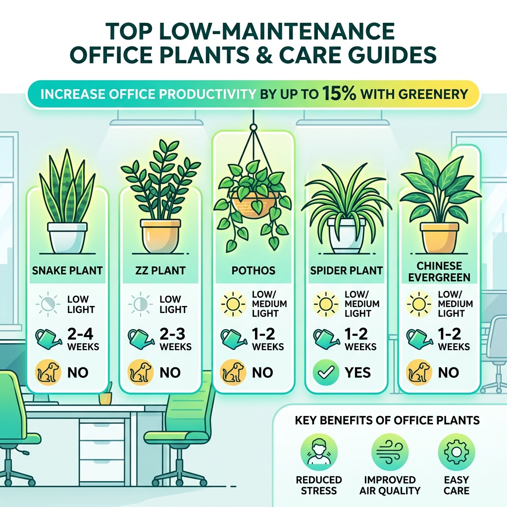 infographic showing top low maintenance office plants with care requirements and 15% productivity boost stat - best low