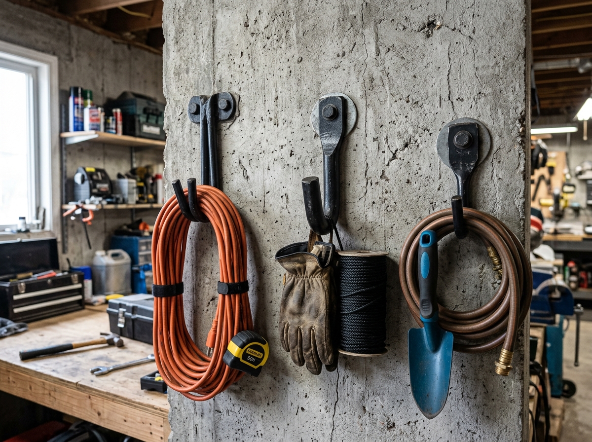 heavy duty utility hooks on a gray concrete wall - adhesive hooks for concrete wall
