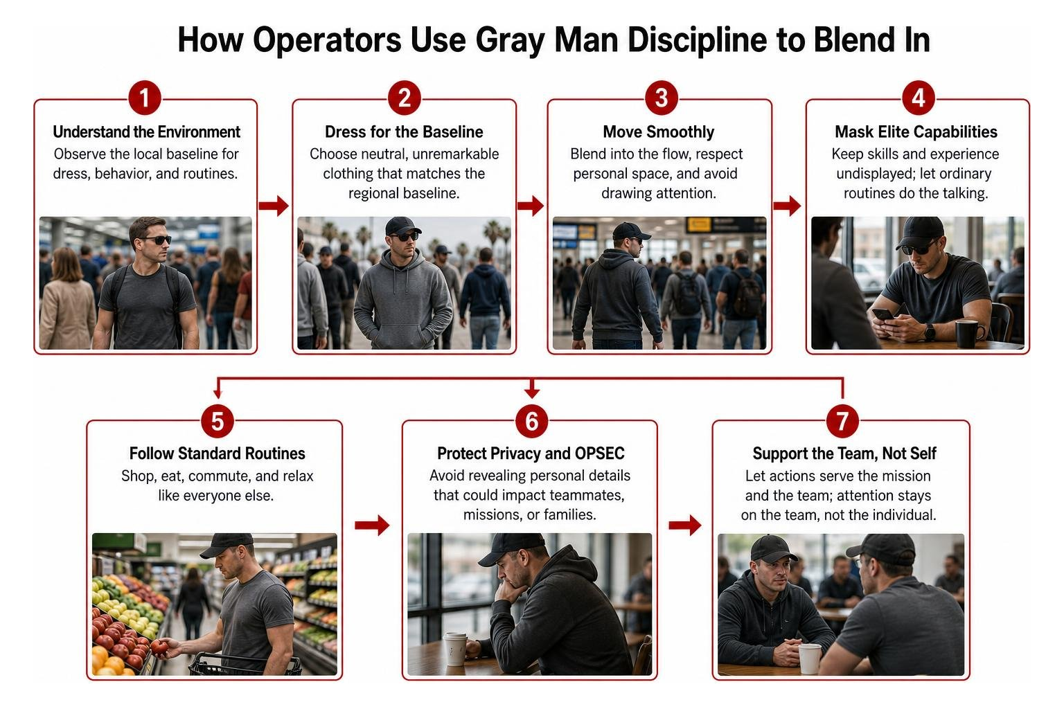 Process of how operators use gray man discipline to blend in