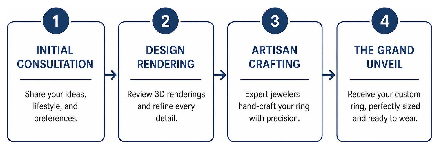 Diagram illustrating the 4-step custom ring process from initial consultation to final unveiling