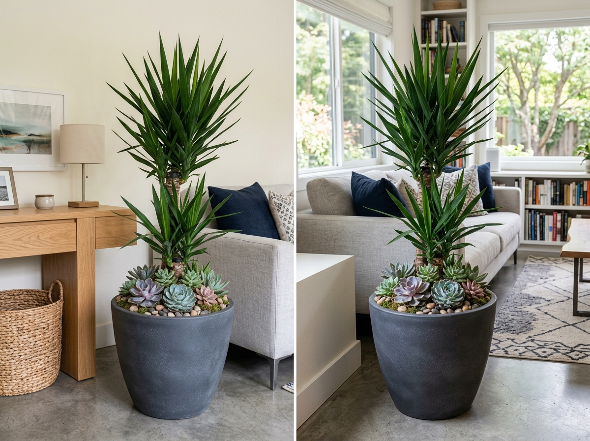 A 41-inch Yucca and Echeveria display in a modern living room - large artificial succulent arrangements A 41-inch Yucca and Echeveria display in a modern living room - large artificial succulent arrangements