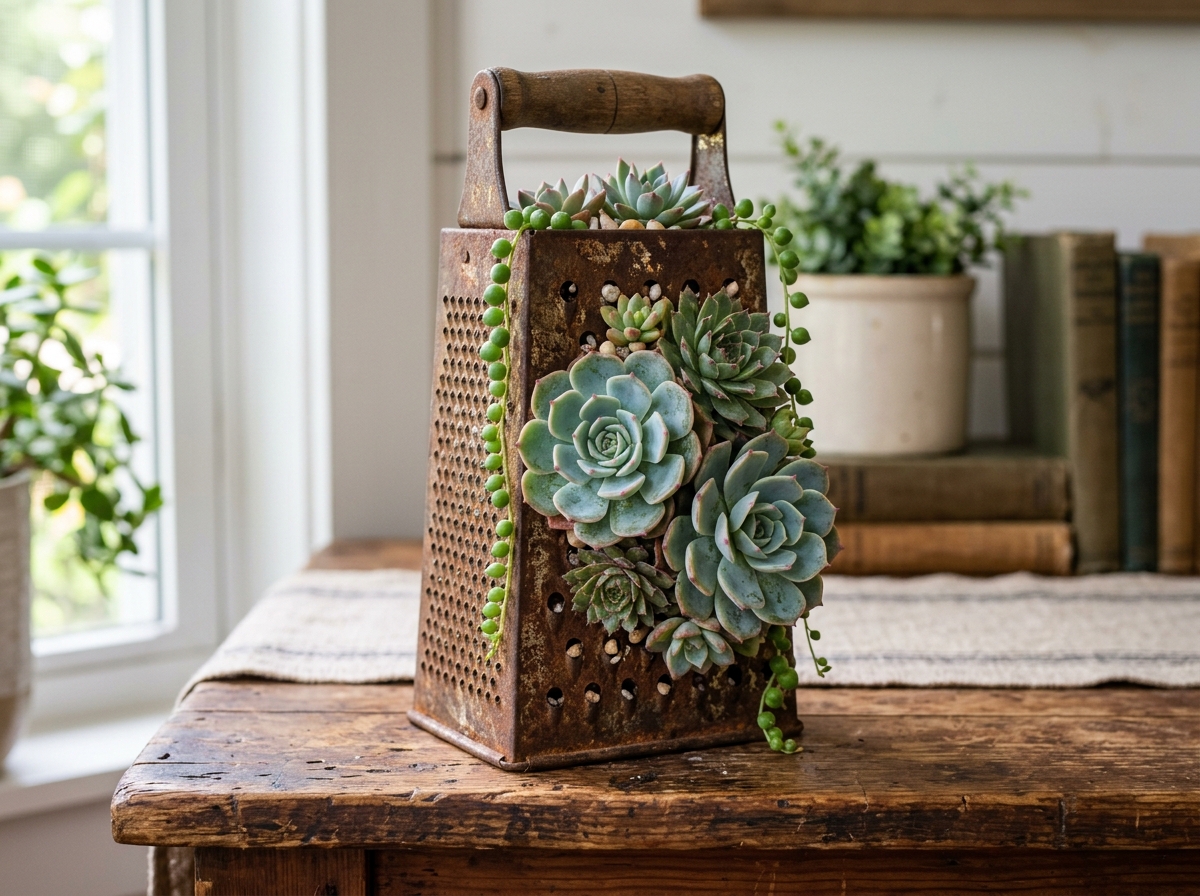 succulent growing out of a vintage metal cheese grater - unique succulent planter ideas