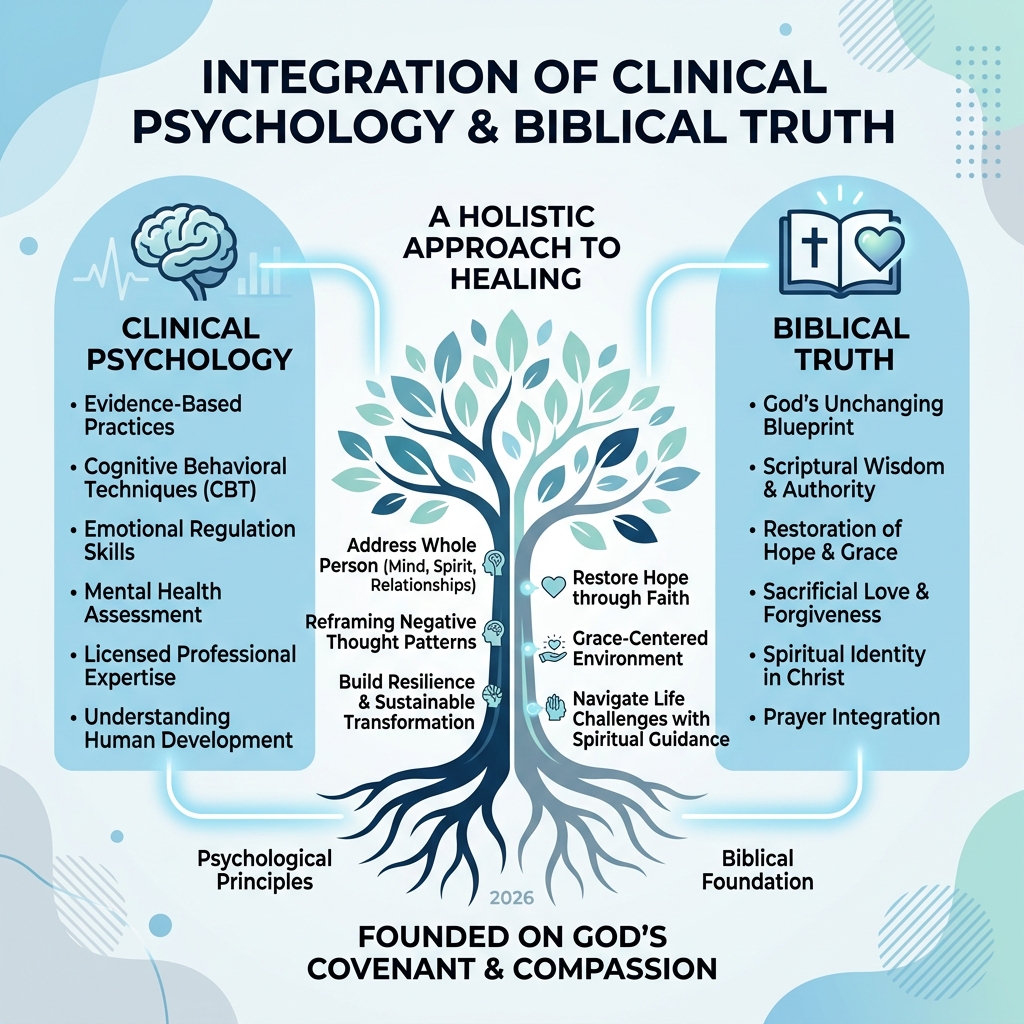 Infographic explaining the integration of clinical psychology and Biblical truth - biblical premarital counseling