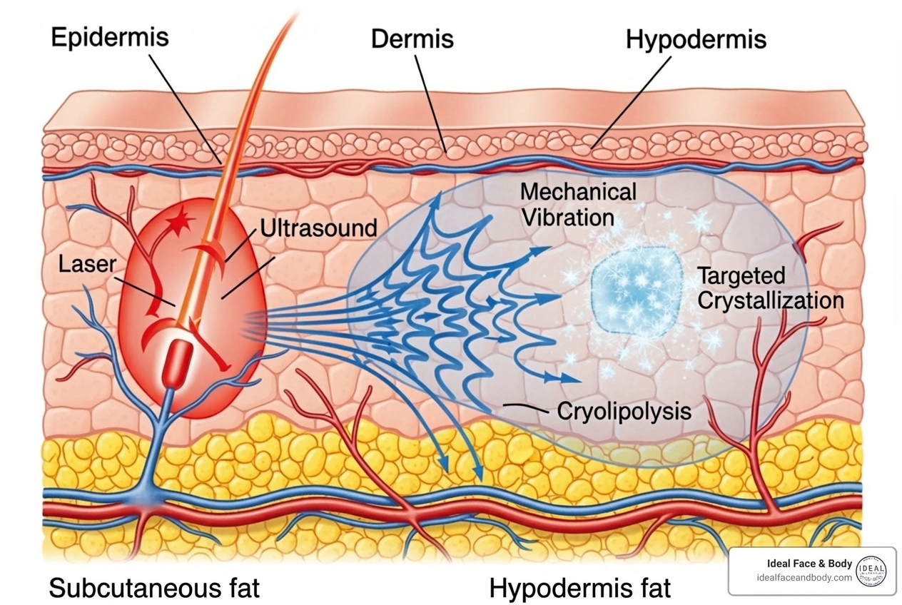cross-section of skin and fat layers with different energy types targeting fat cells - non surgical liposuction cross-section of skin and fat layers with different energy types targeting fat cells - non surgical liposuction