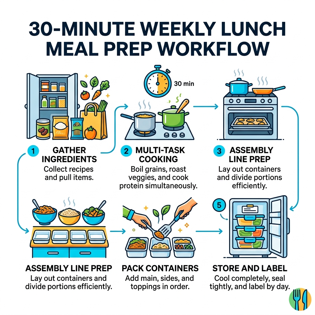 30-minute weekly lunch meal prep workflow showing steps from pantry to packed containers - time saving lunch recipes