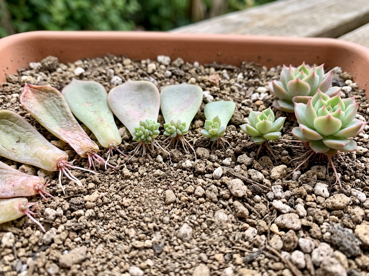 Various stages of succulent pups from tiny roots to established rosettes - succulent propagation from leaf