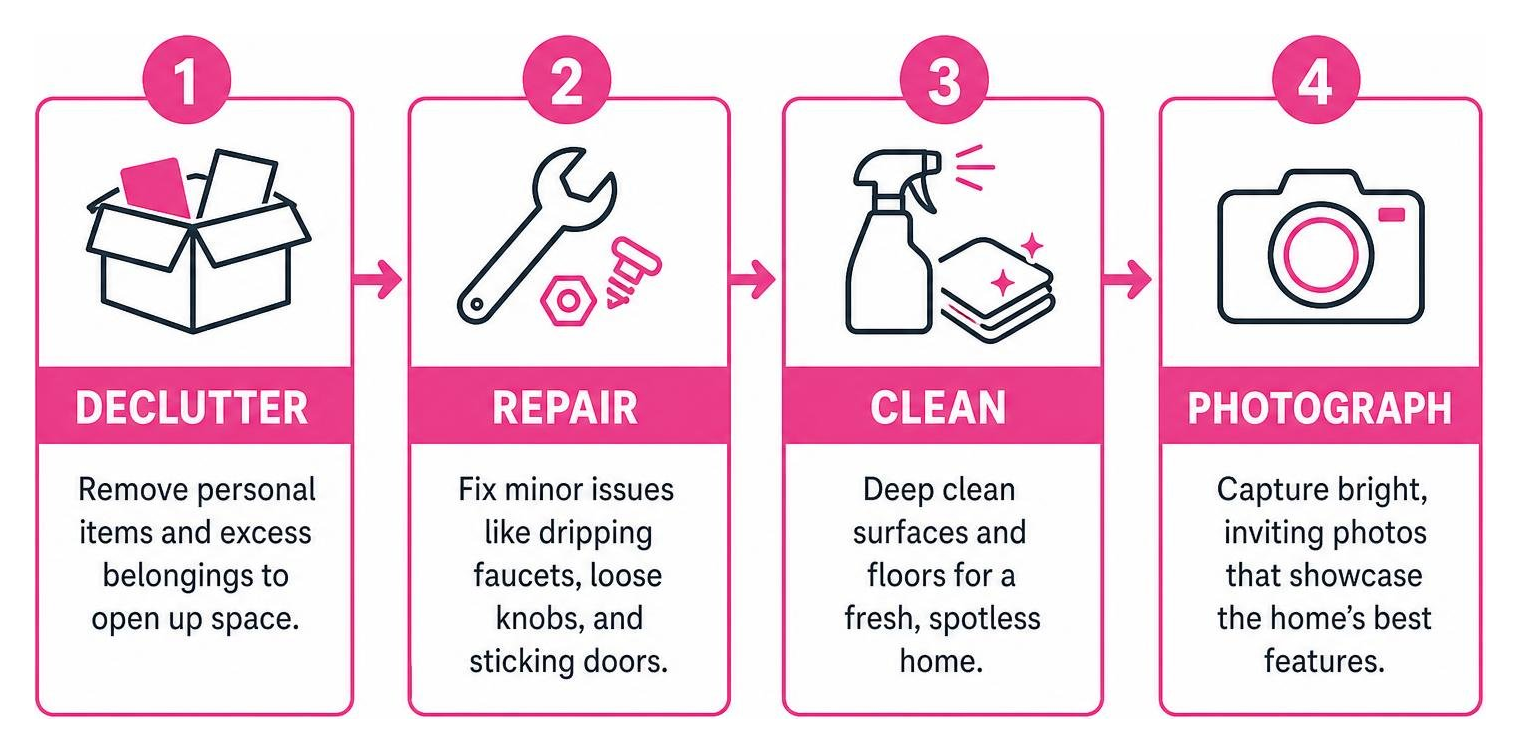 Step-by-step home staging framework: declutter, repair, clean, and photograph Step-by-step home staging framework: declutter, repair, clean, and photograph
