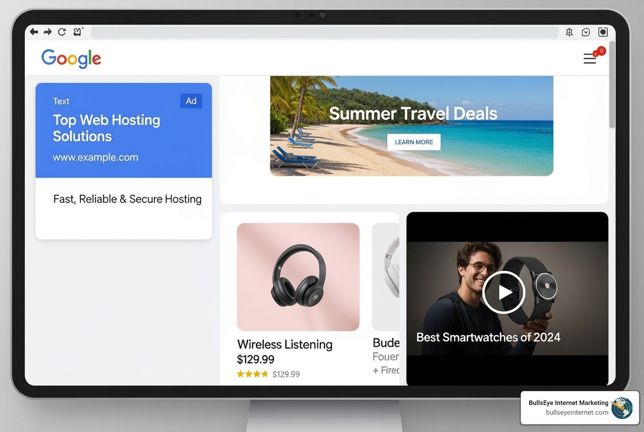 Google Ads interface showcasing various advertisements, including web hosting solutions, summer travel deals, and product listings for wireless headphones and smartwatches, emphasizing digital marketing strategies for businesses.