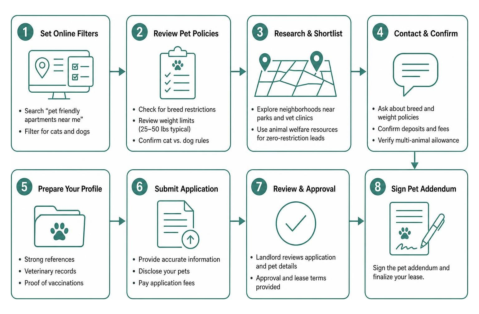 Step-by-step apartment search workflow from online filters to signed pet addendum Step-by-step apartment search workflow from online filters to signed pet addendum