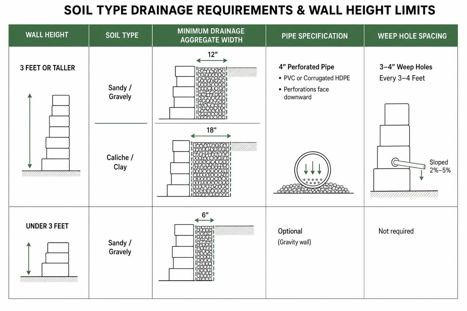 Soil type drainage requirements and wall height limits diagram Soil type drainage requirements and wall height limits diagram