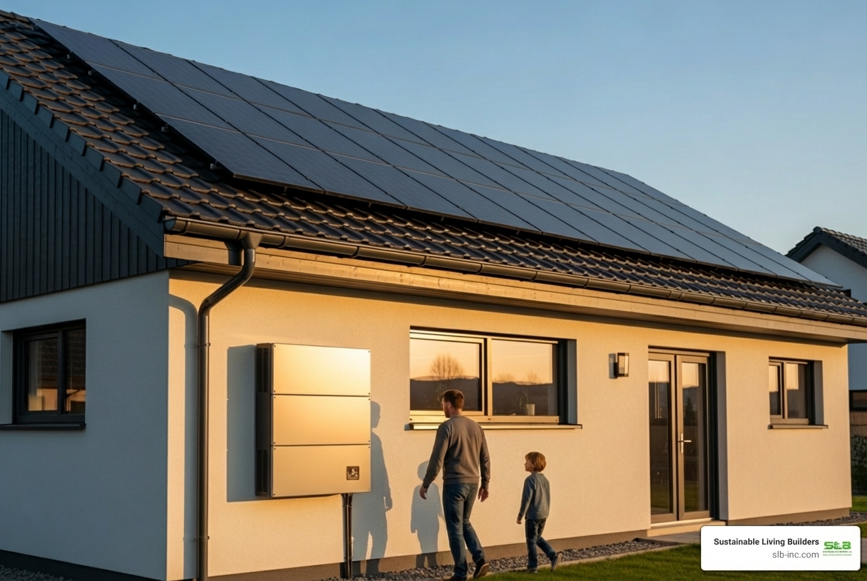 Infographic showing how a home solar battery system works: solar panels generate electricity during the day, excess power charges the battery, stored energy powers the home at night and during outages, and the system can still draw from or send power to the grid as needed - best energy storage batteries in forestville, ca