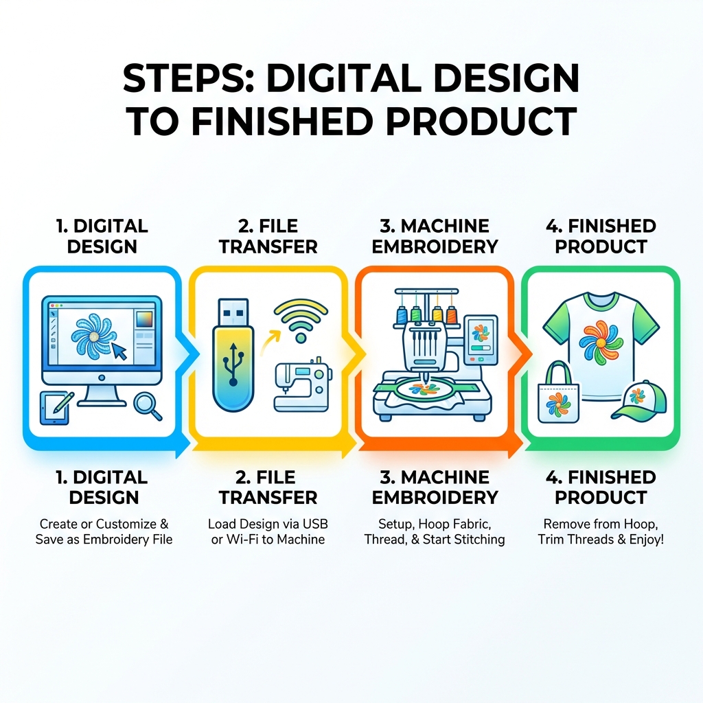 infographic steps from digital design to finished product - embroidery machine machines infographic 