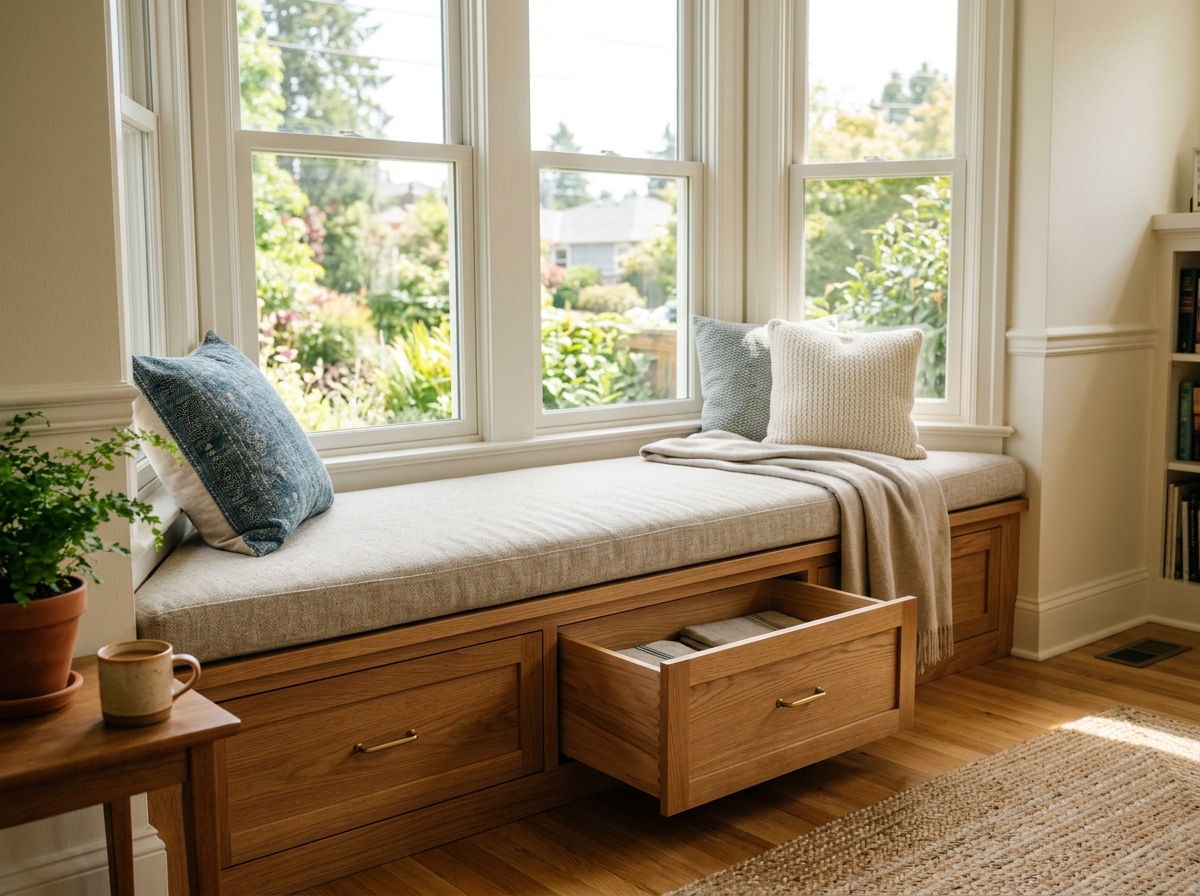 a custom bay window seat with integrated storage drawers and natural light - custom window seats