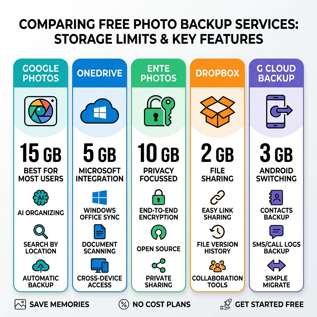 comparison of free photo backup services storage limits and key features - photo backup free infographic 