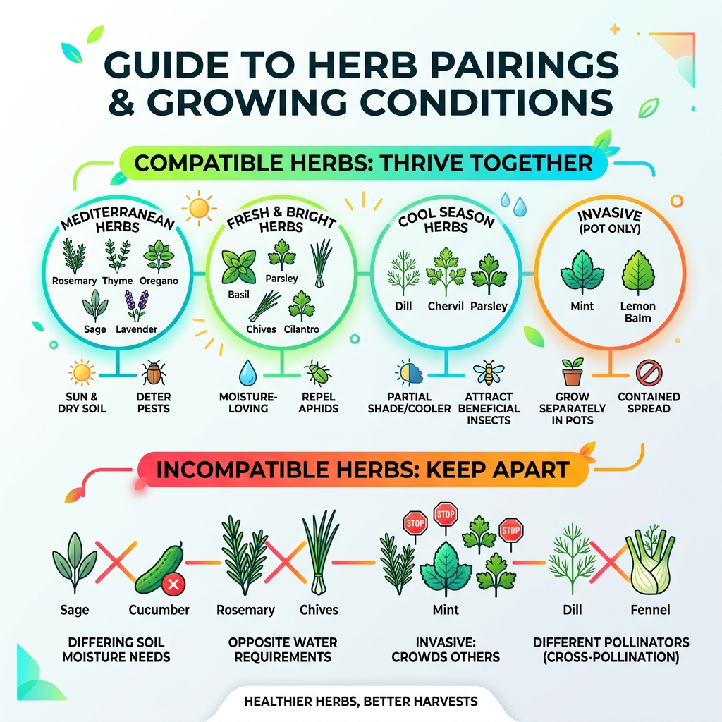Infographic showing compatible and incompatible herb pairings with growing conditions - best herbs to grow together