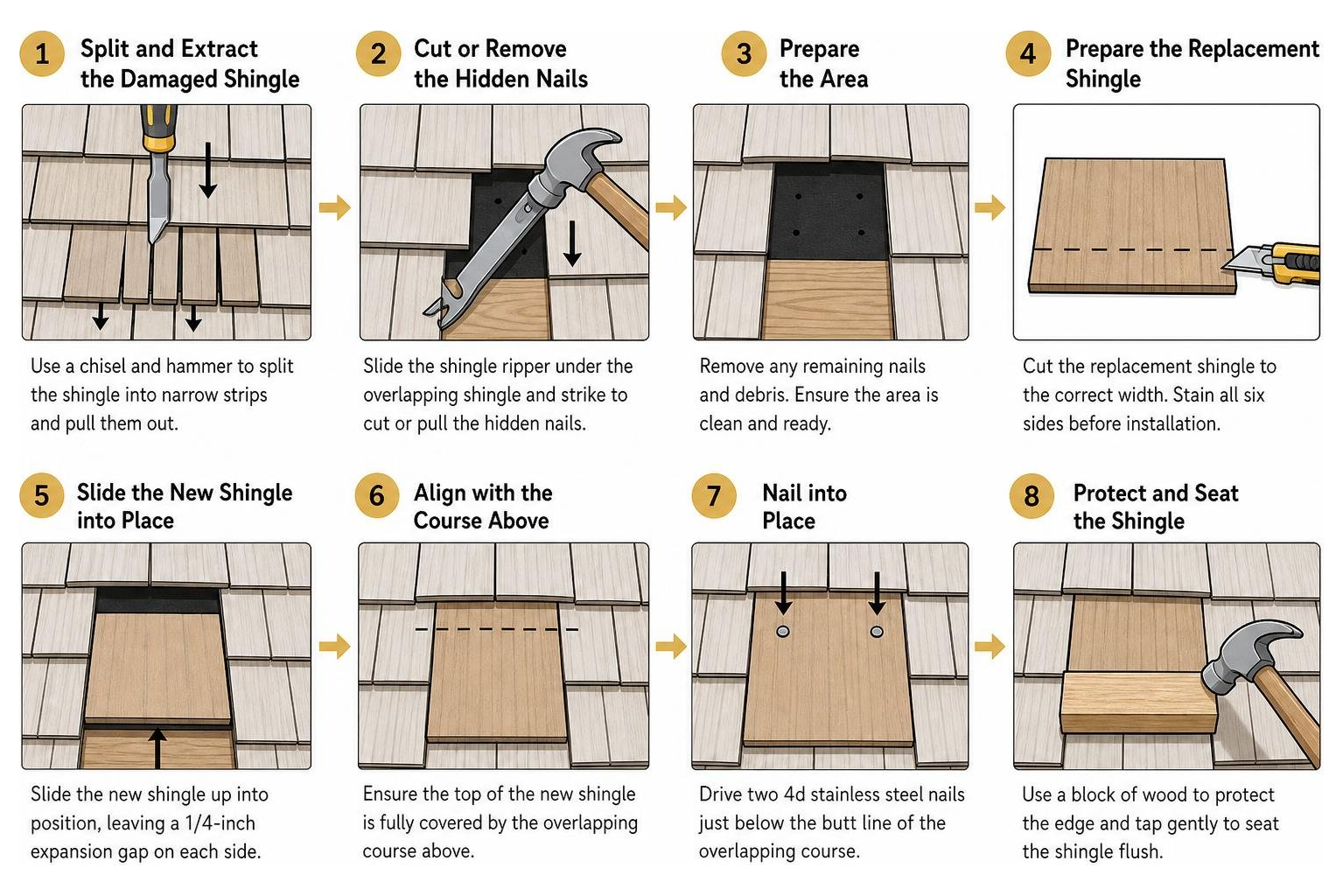 Process of replacing a single cedar shingle step-by-step Process of replacing a single cedar shingle step-by-step