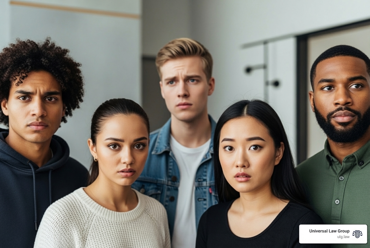 Diverse group of young adults looking concerned - distracted driving death statistics Diverse group of young adults looking concerned - distracted driving death statistics