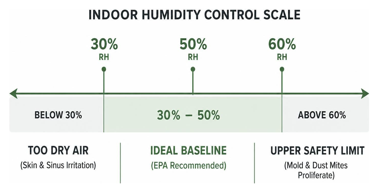 Indoor humidity control scale showing dry baseline and upper safety limit Indoor humidity control scale showing dry baseline and upper safety limit