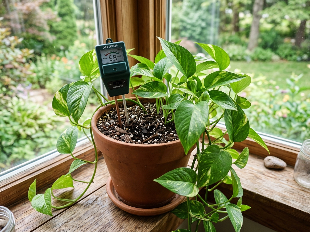 moisture meter in well-draining soil next to a pothos plant - easy grow pothos varieties