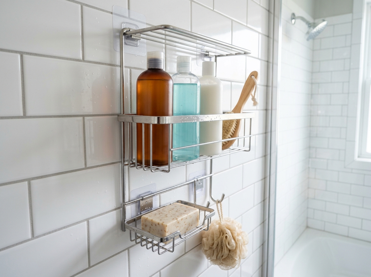 An adhesive shower caddy mounted on clean white subway tile - bathroom shelf without drilling