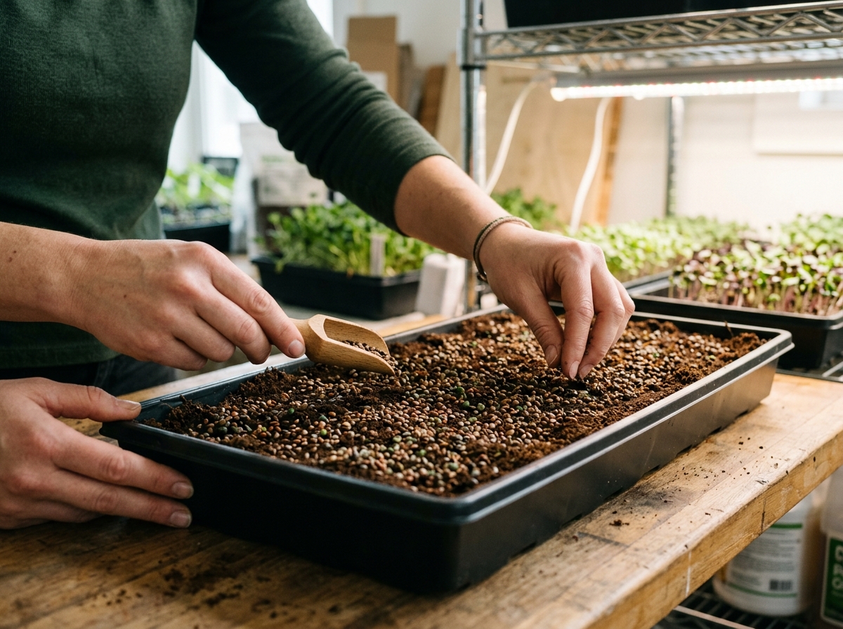 Seeding a 10x20 tray with microgreen bulk seeds - microgreen bulk seeds