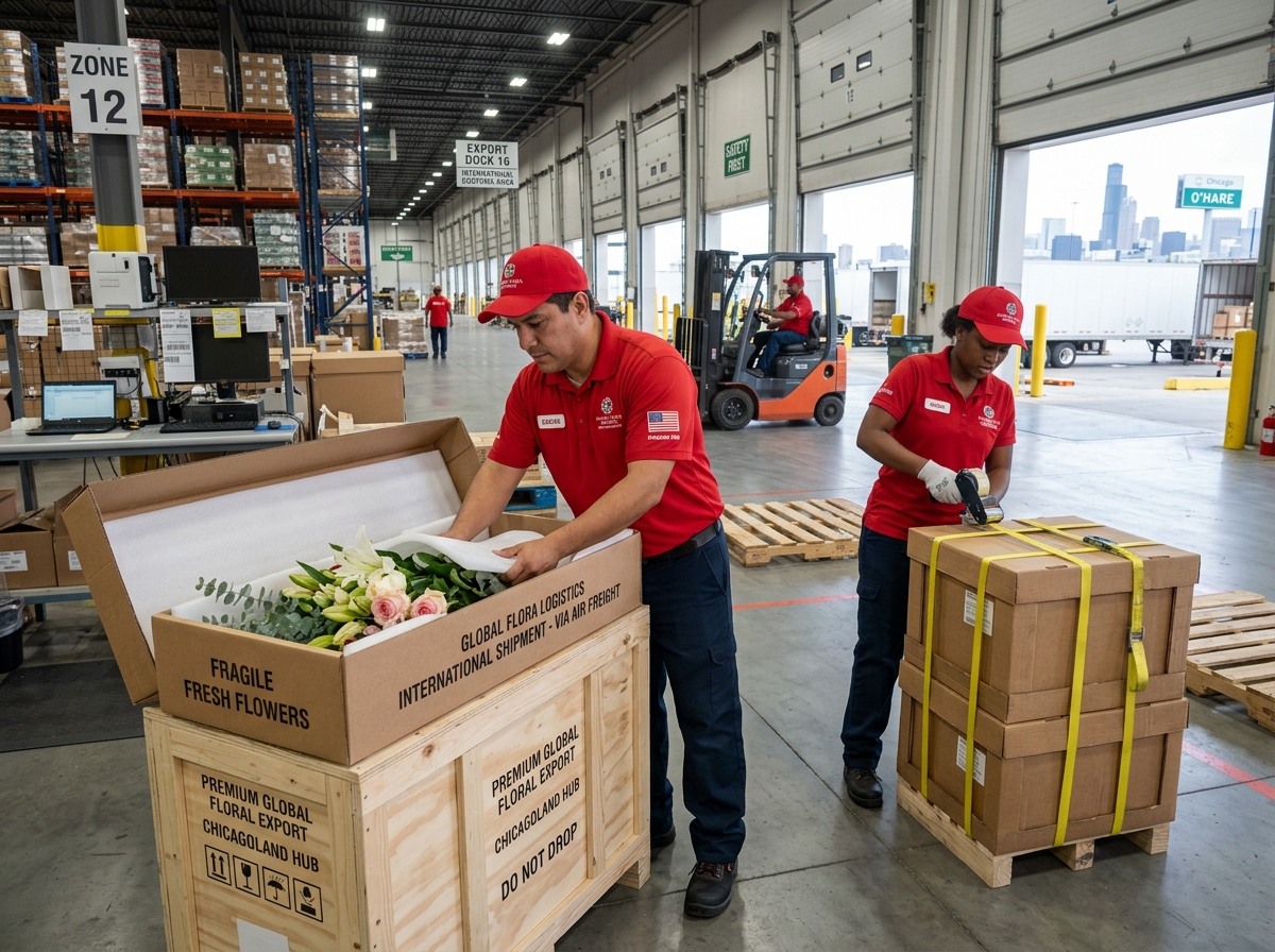 Professional logistics workers in red uniforms securing floral shipments in specialized transit packaging at a Chicago