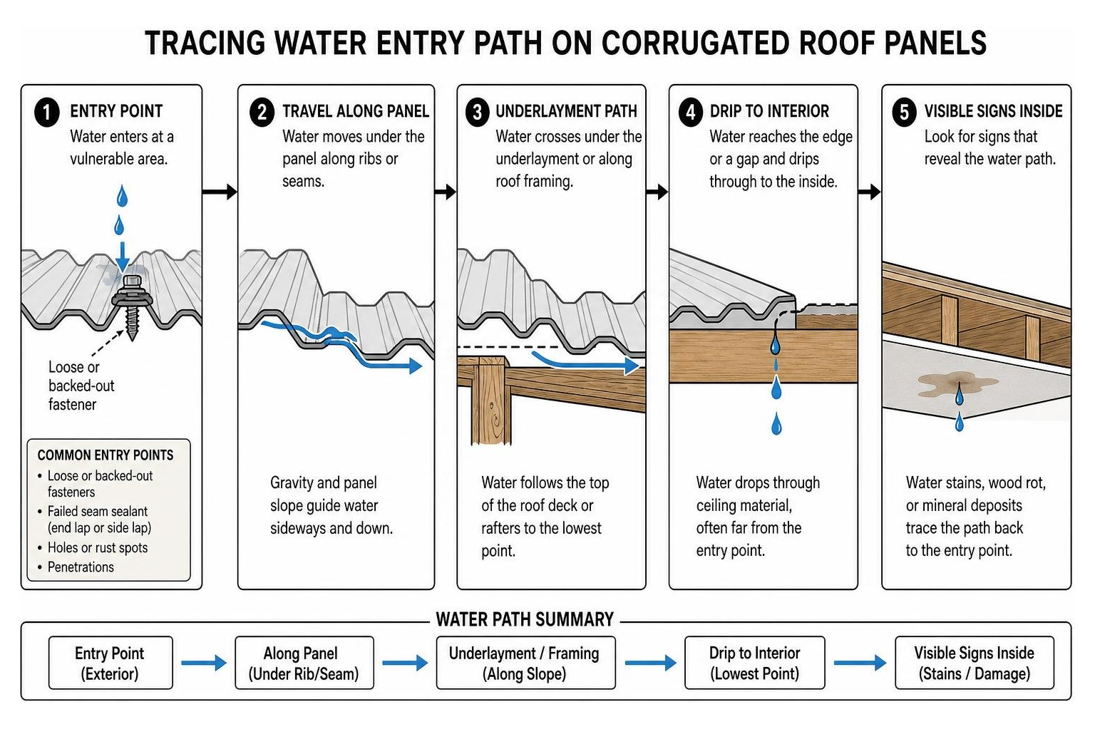 tracing water entry path on corrugated roof panels