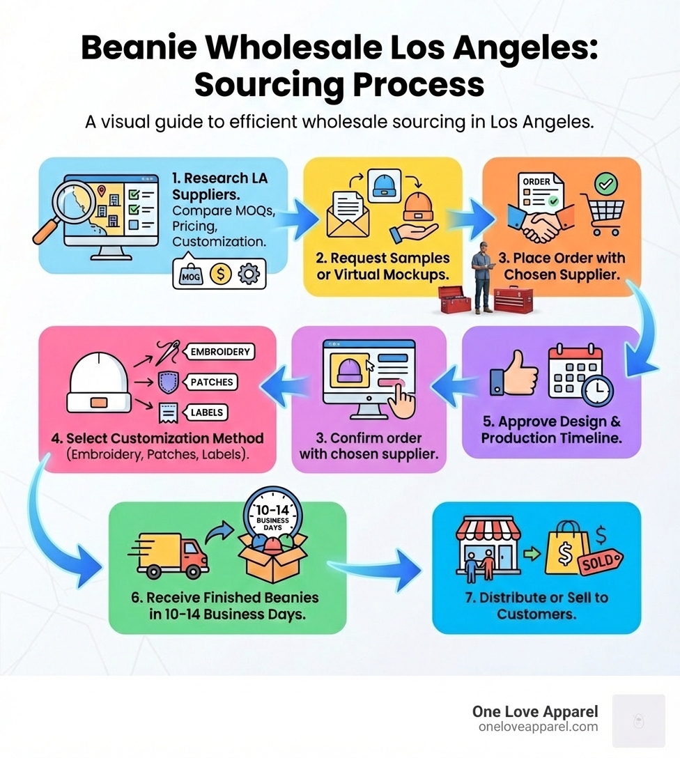 Infographic showing the beanie wholesale sourcing process: 1) Research LA suppliers and compare MOQs, pricing, and customization options 2) Request samples or virtual mockups 3) Place order with chosen supplier 4) Select customization method (embroidery, patches, labels) 5) Approve design and production timeline 6) Receive finished beanies in 10-14 business days 7) Distribute or sell to customers - beanie wholesale los angeles infographic 