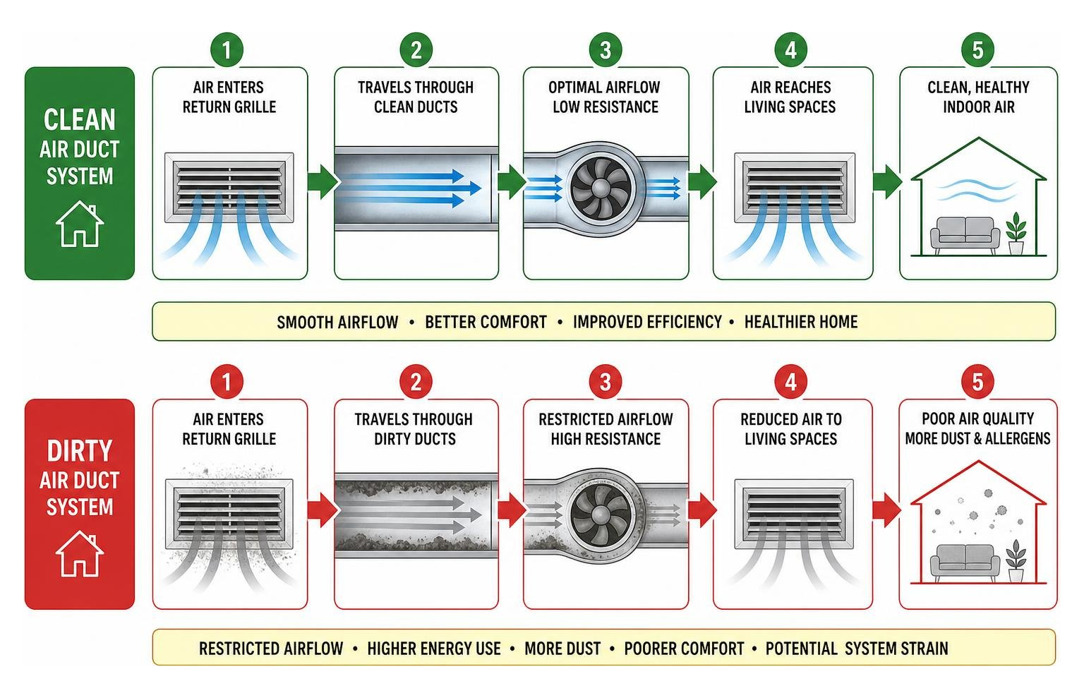 diagram showing airflow progression in clean versus dirty air duct systems diagram showing airflow progression in clean versus dirty air duct systems