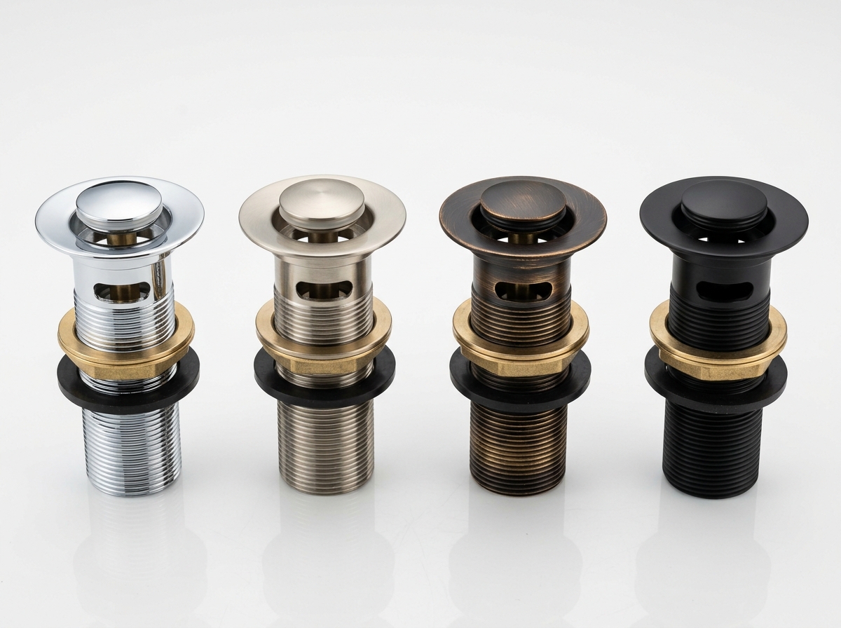 Various drain finishes like chrome and brushed nickel displayed together - bathroom sink drain assembly replacement