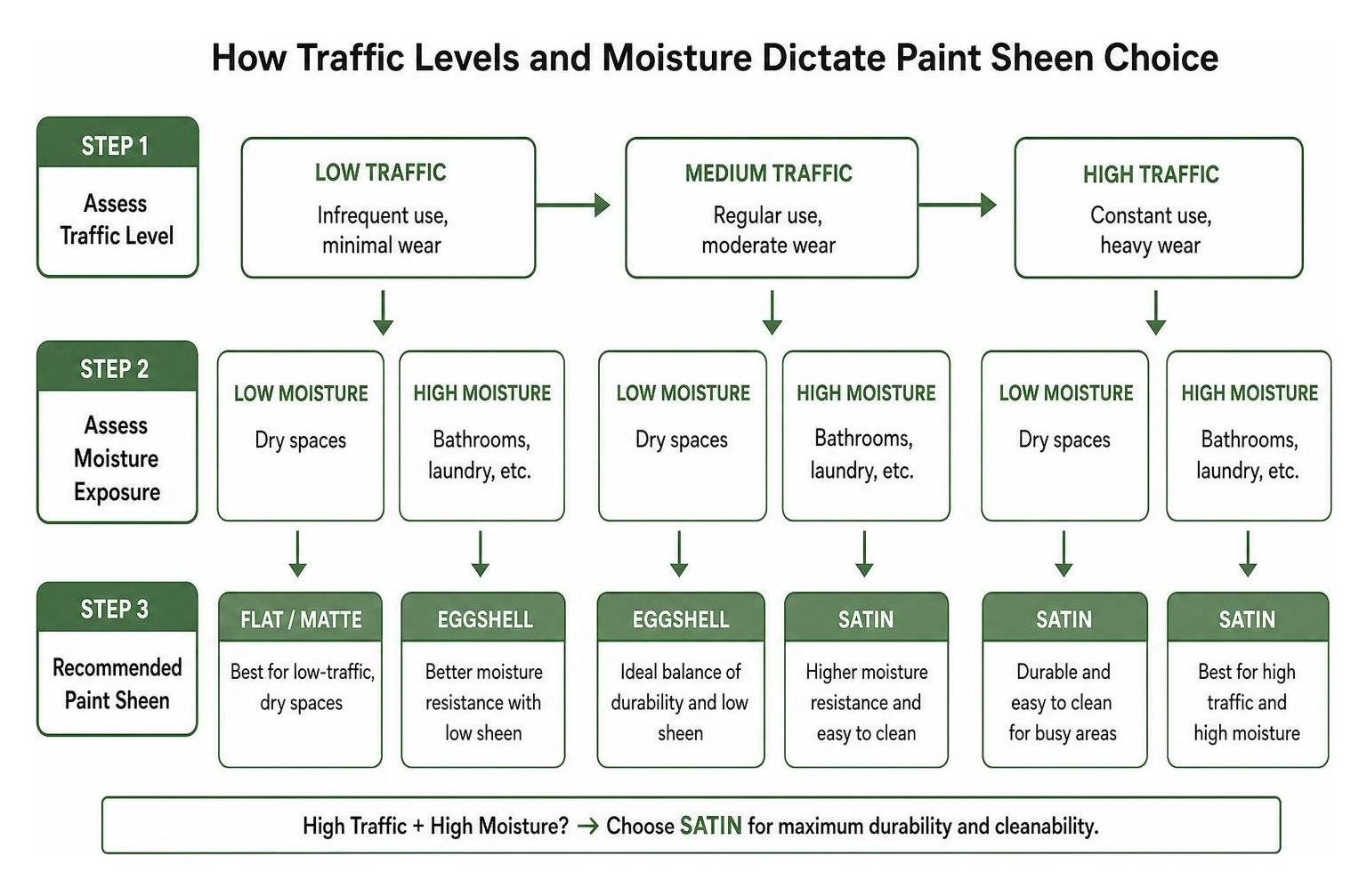 Diagram showing how traffic levels and moisture dictate paint sheen choice Diagram showing how traffic levels and moisture dictate paint sheen choice