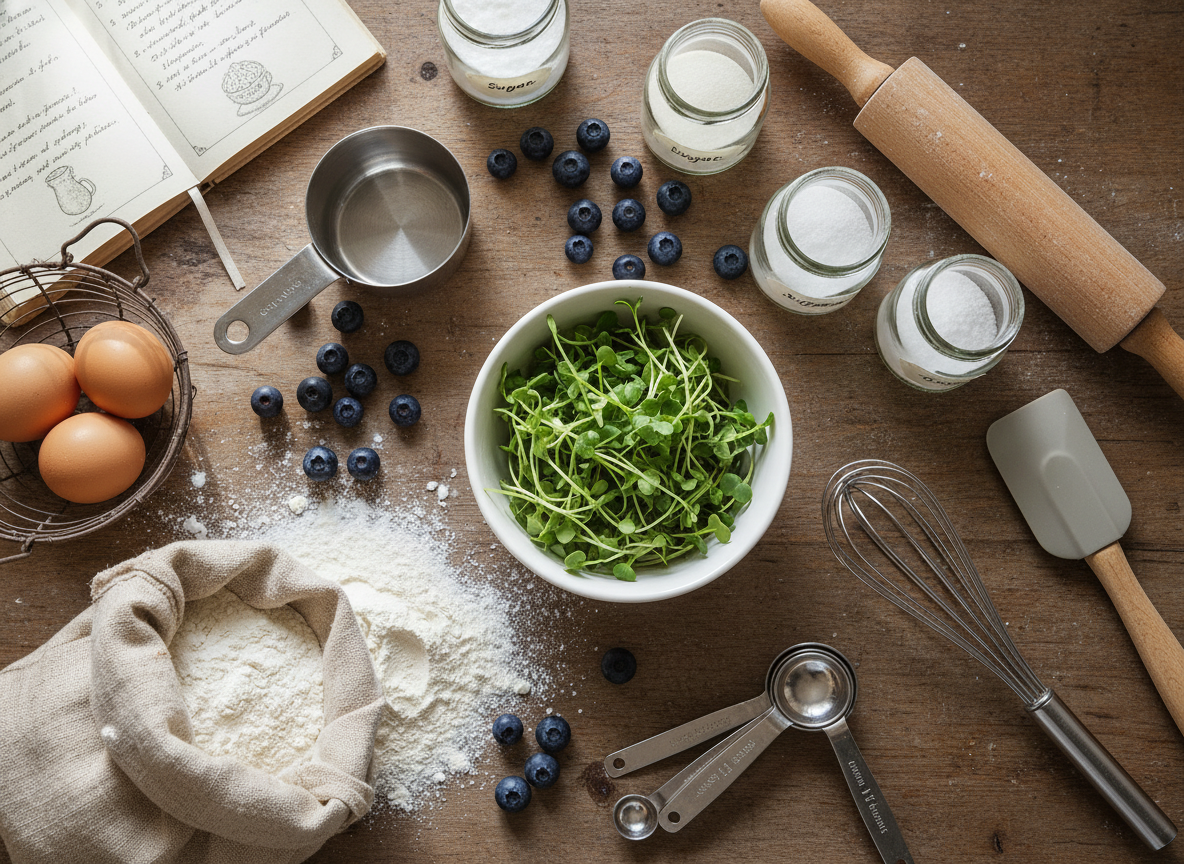 Baking mise en place with fresh microgreens, blueberries, and whole grains - microgreens blueberry muffin tops