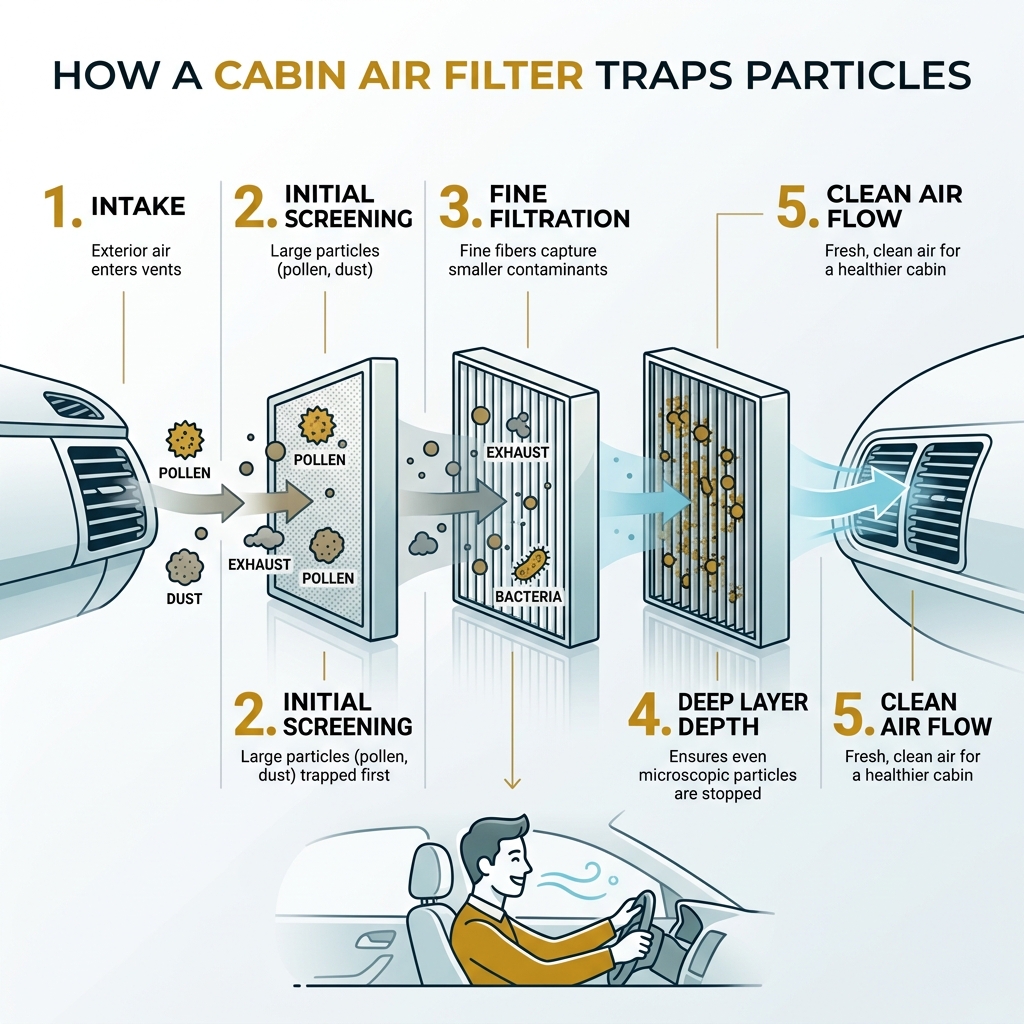 Infographic showing how a cabin air filter traps particles: pollen, dust, exhaust, bacteria in 5 steps - cabin air filter Infographic showing how a cabin air filter traps particles: pollen, dust, exhaust, bacteria in 5 steps - cabin air filter