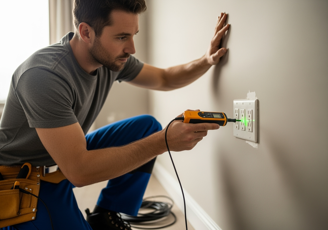 electrician inspecting an outlet with a tester - home electrical safety inspection