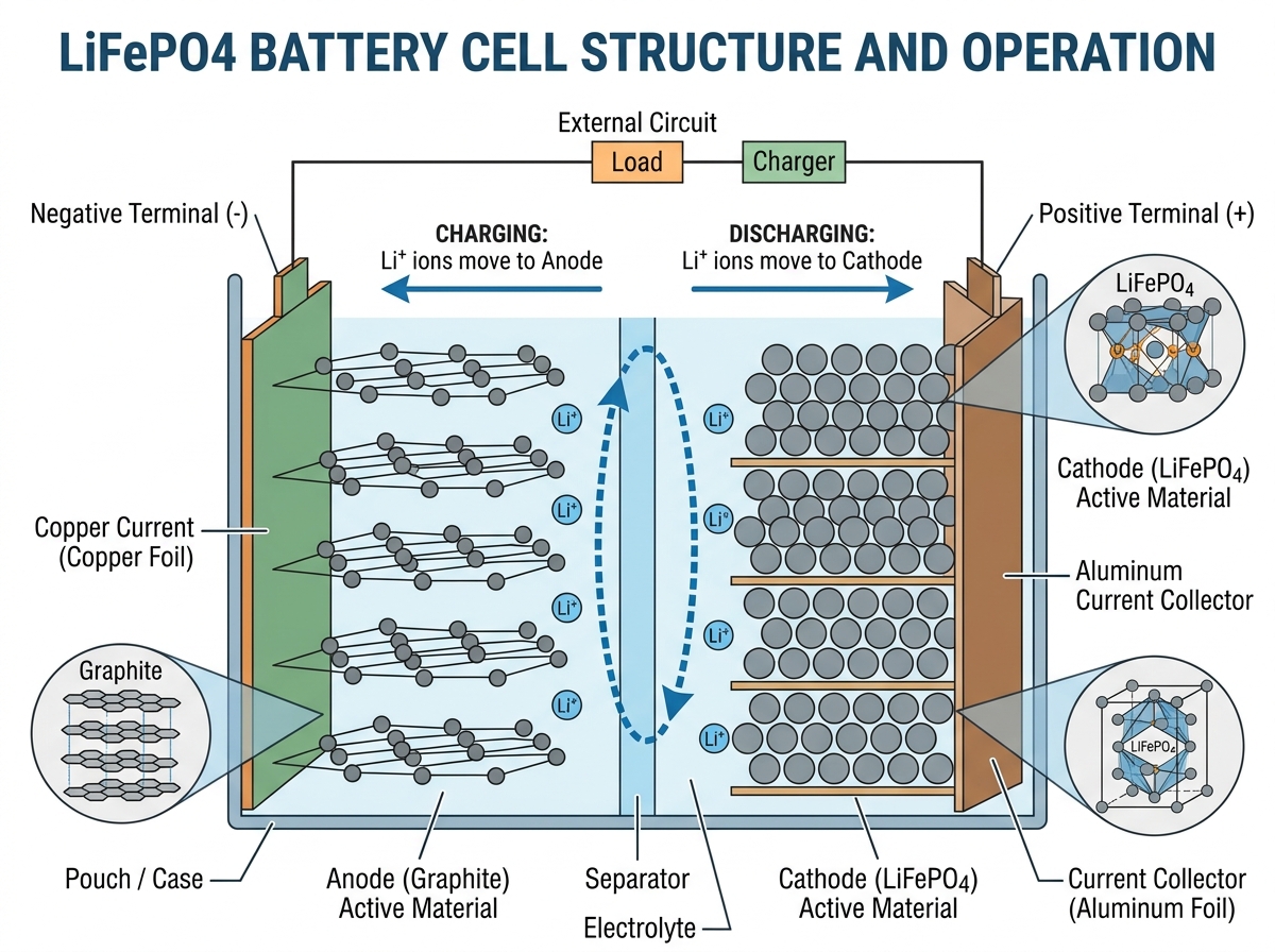 diagram of LiFePO4 cell structure showing lithium ions moving between phosphate layers - lithium batteries for solar