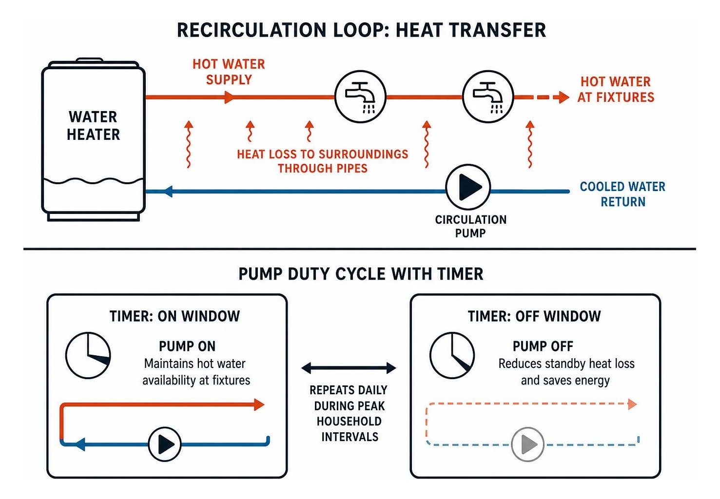 Recirculation loop heat transfer and pump duty cycle