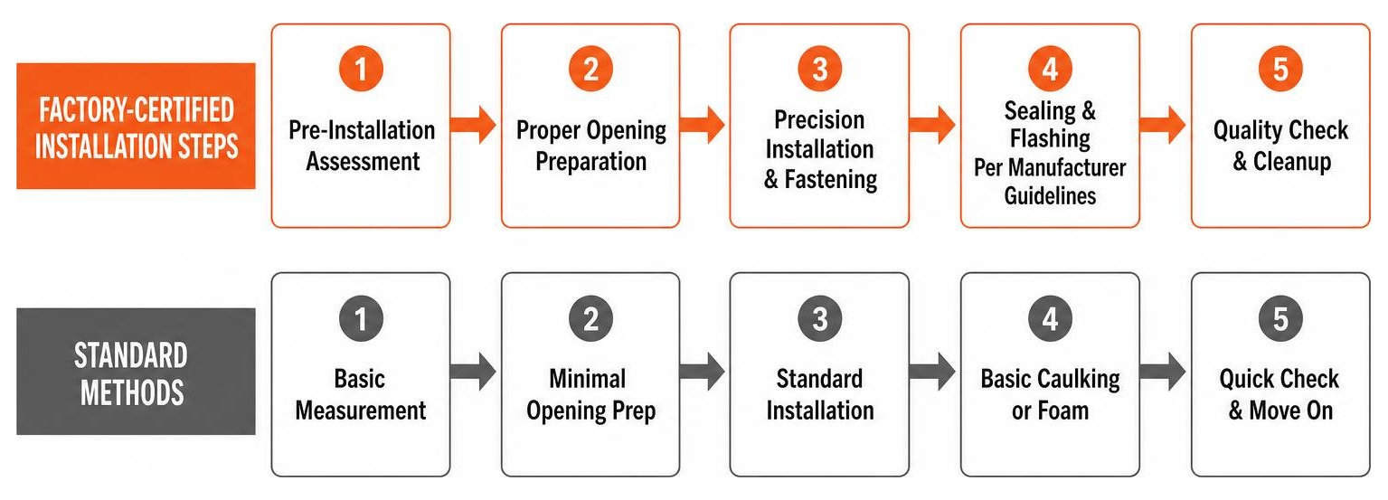 Comparison of factory-certified window installation steps vs standard methods
