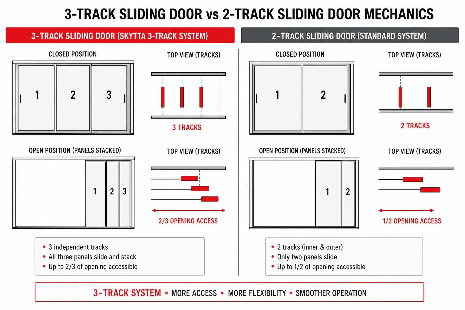 3-track sliding door vs 2-track sliding door mechanics diagram