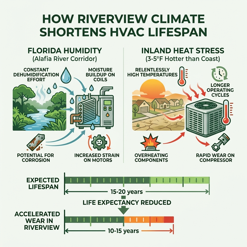 Infographic showing how Florida humidity and inland heat stress shorten HVAC system lifespan in Riverview - ac repair