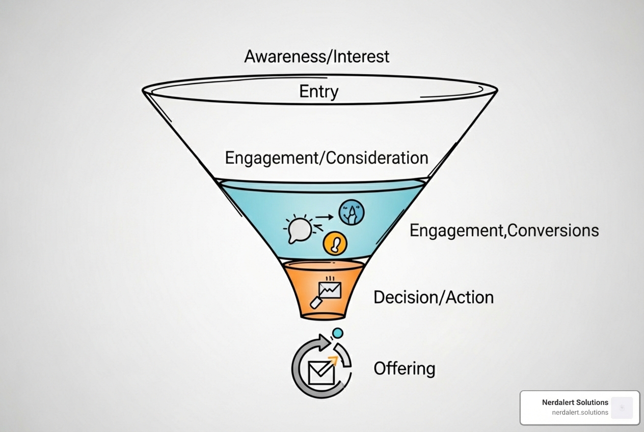 An image showing the components of a sales funnel, starting with a "Landing Page" leading to an "Email Sequence," which then leads to an "Offer Page" for a service. - build a sales funnel for a service business