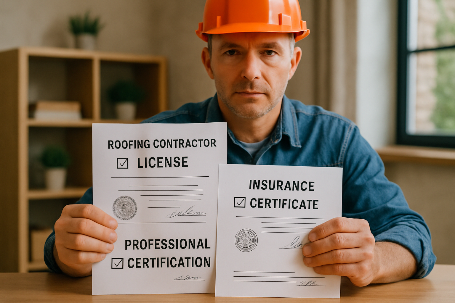 contractor credentials checklist showing license, insurance, and certification documents - roofing repair contractors near me