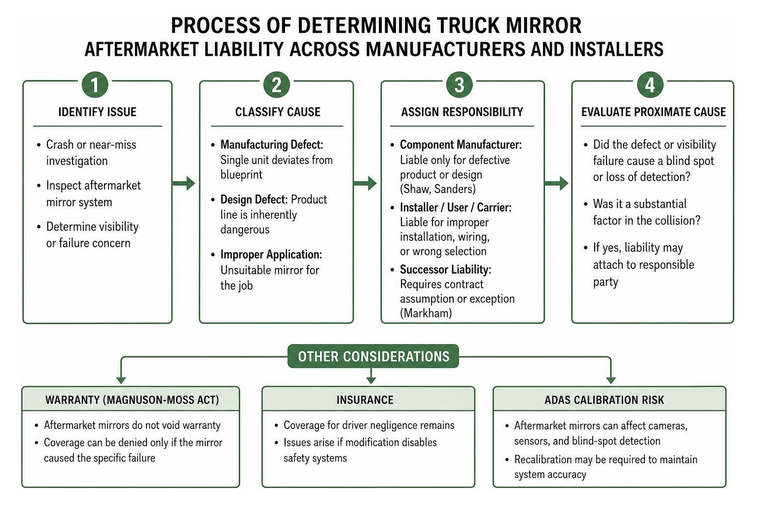 Process of determining truck mirror aftermarket liability across manufacturers and installers