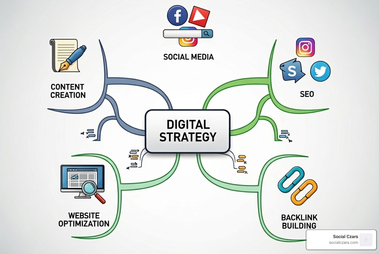 Digital strategy mind map with icons for content creation, social media, SEO, website optimization, and backlink building - Push down negative search results
