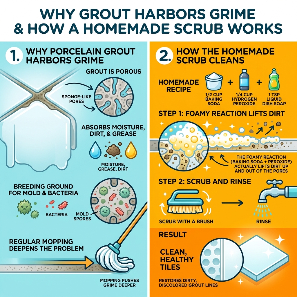 Infographic showing why porcelain grout harbors grime and how a homemade scrub cleans it - homemade porcelain grout scrub Infographic showing why porcelain grout harbors grime and how a homemade scrub cleans it - homemade porcelain grout scrub