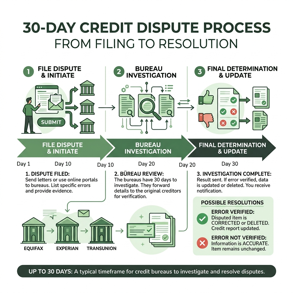 Infographic showing the 30-day credit dispute process from filing to resolution across three bureaus - affordable credit