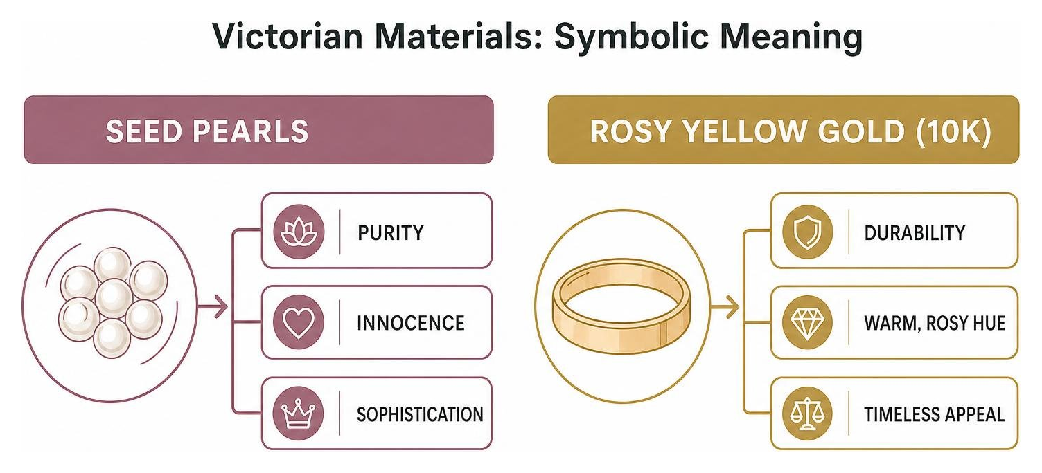 Diagram showing the symbolic meaning of Victorian materials like seed pearls and rosy gold Diagram showing the symbolic meaning of Victorian materials like seed pearls and rosy gold