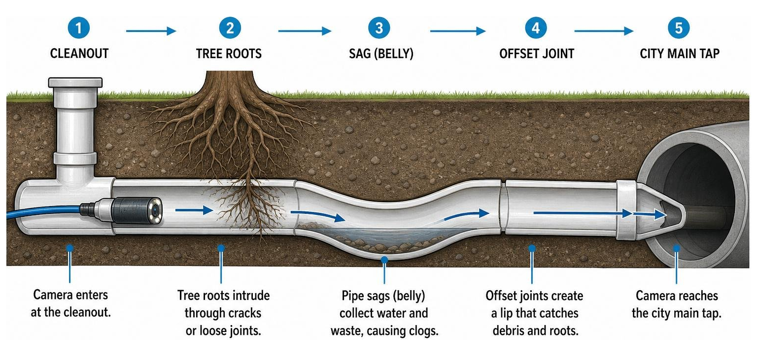 A visual flow diagram showing the path of a sewer camera from the cleanout, past tree roots and sags, to the city main tap