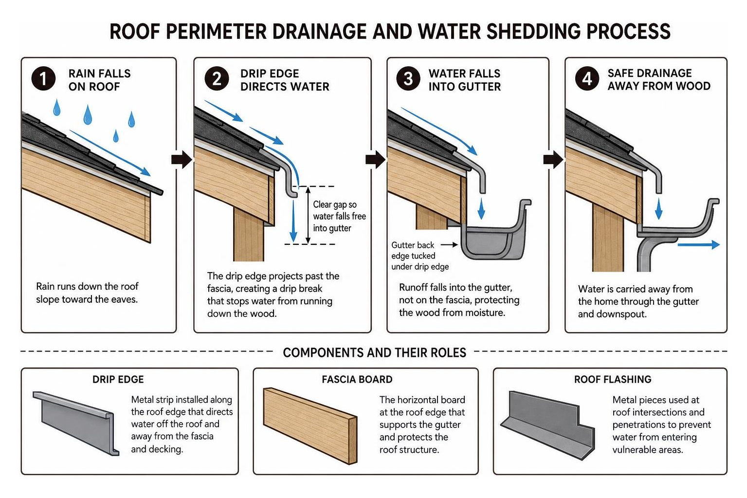 Roof perimeter drainage and water shedding process
